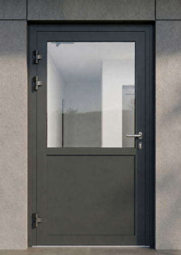 Drzwi przeciwpożarowe aluminiowe jednoskrzydłowe EI60 90' częściowo przeszklone 