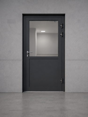 Drzwi przeciwpożarowe aluminiowe jednoskrzydłowe EI30 częściowo przeszklone