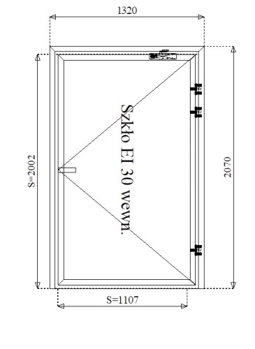 Rysunek konstrukcyjny drzwi przeciwpożarowych aluminiowych jednoskrzydłowych EI30 110' szklanych