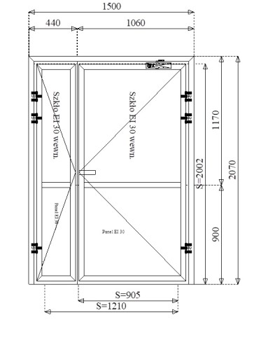 Rysunek konstrukcyjny drzwi przeciwpożarowych aluminiowych dwuskrzydłowych EI30 120' częściowo przeszklonych