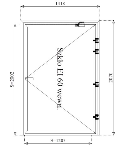 Rysunek konstrukcyjny drzwi przeciwpożarowych aluminiowych jednoskrzydłowych EI60 120' szklanych