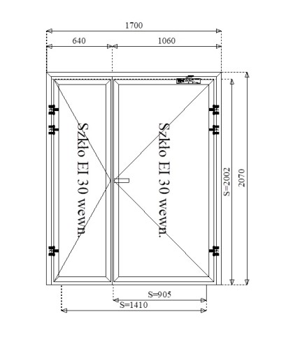Rysunek konstrukcyjny drzwi przeciwpożarowych aluminiowych dwuskrzydłowych EI30 140' szklane