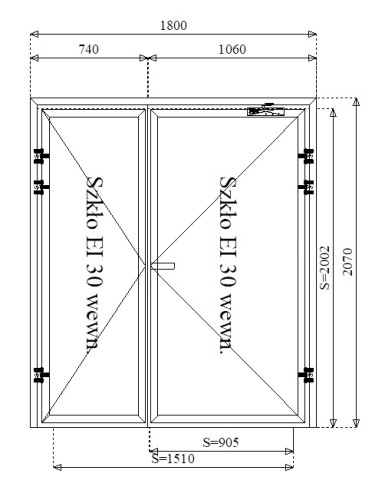Rysunek konstrukcyjny drzwi przeciwpożarowych aluminiowych dwuskrzydłowych EI30 150' szklane