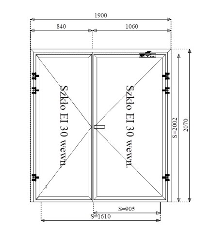 Rysunek konstrukcyjny drzwi przeciwpożarowych aluminiowych dwuskrzydłowych EI30 160' szklane