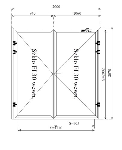 Rysunek konstrukcyjny drzwi przeciwpożarowych aluminiowych dwuskrzydłowych EI30 170' szklane