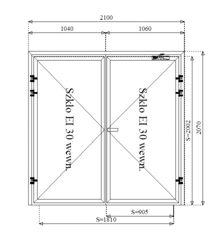 Rysunek konstrukcyjny drzwi przeciwpożarowych aluminiowych dwuskrzydłowych EI30 180' szklane