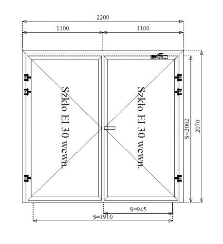 Rysunek konstrukcyjny drzwi przeciwpożarowych aluminiowych dwuskrzydłowych EI30 190' szklane
