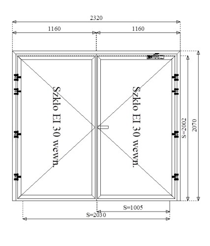 Rysunek konstrukcyjny drzwi przeciwpożarowych aluminiowych dwuskrzydłowych EI30 200' szklane