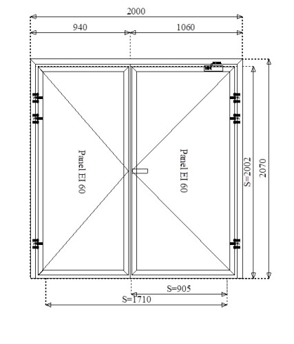 Rysunek konstrukcyjny drzwi przeciwpożarowych aluminiowych dwuskrzydłowych EI60 170' pełnych