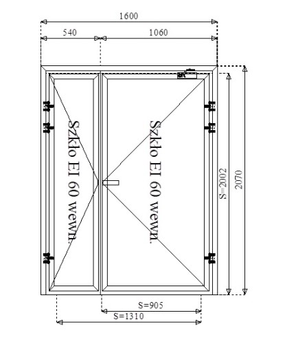 Rysunek konstrukcyjny drzwi przeciwpożarowych aluminiowych dwuskrzydłowych EI60 130' szklane
