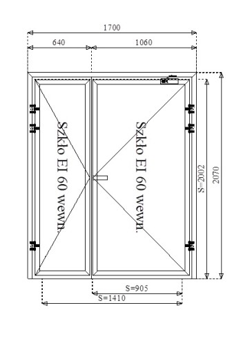 Rysunek konstrukcyjny drzwi przeciwpożarowych aluminiowych dwuskrzydłowych EI60 140' szklane
