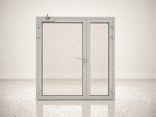 Drzwi przeciwpożarowe aluminiowe dwuskrzydłowe EI60' szklane