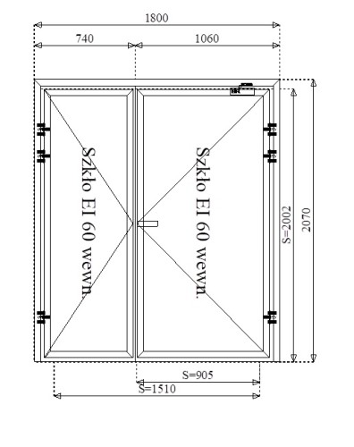 Rysunek konstrukcyjny drzwi przeciwpożarowych aluminiowych dwuskrzydłowych EI60 150' szklane