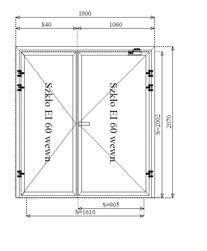 Rysunek konstrukcyjny drzwi przeciwpożarowych aluminiowych dwuskrzydłowych EI60 160' szklane