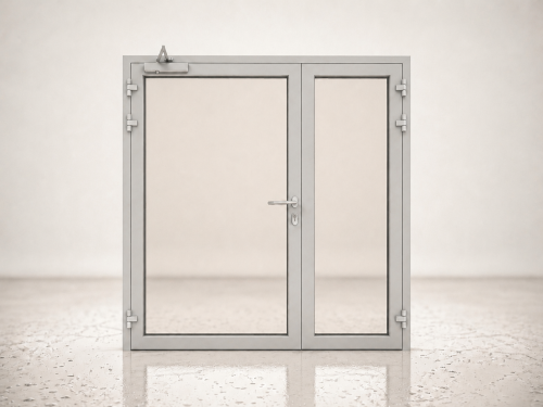 Drzwi przeciwpożarowe aluminiowe dwuskrzydłowe EI60 szklane