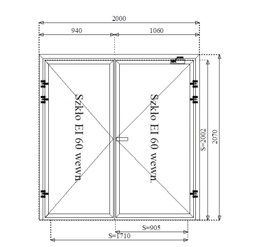 Rysunek konstrukcyjny drzwi przeciwpożarowych aluminiowych dwuskrzydłowych EI60 170' szklane