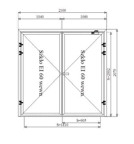 Rysunek konstrukcyjny drzwi przeciwpożarowych aluminiowych dwuskrzydłowych EI60 180' szklane