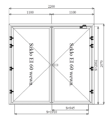 Rysunek konstrukcyjny drzwi przeciwpożarowych aluminiowych dwuskrzydłowych EI60 190' szklane