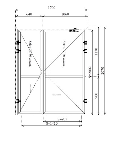 Rysunek konstrukcyjny drzwi przeciwpożarowych aluminiowych dwuskrzydłowych EI60 140' częściowo przeszklonych