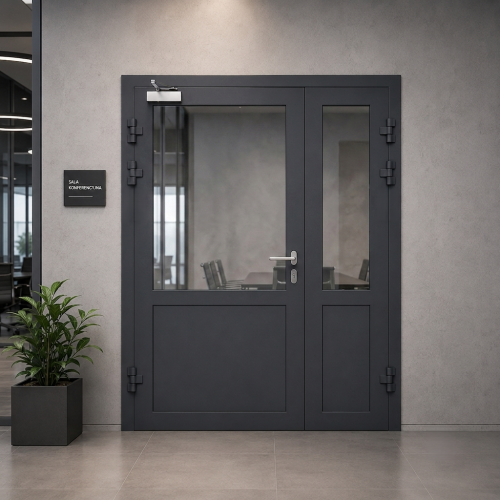 Częściowo przeszklone drzwi przeciwpożarowe aluminiowe dwuskrzydłowe EI60