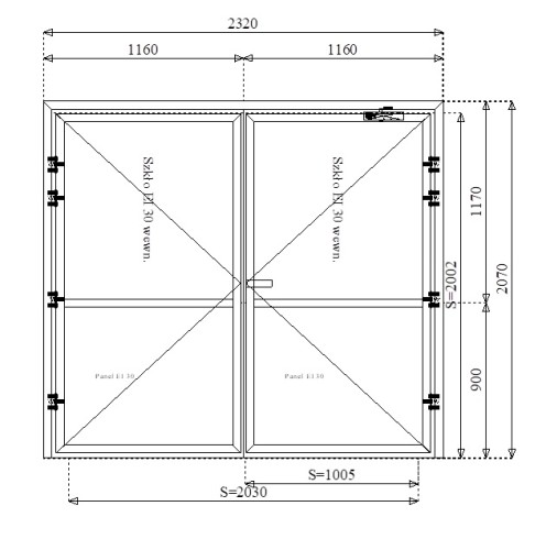 Rysunek konstrukcyjny drzwi przeciwpożarowych aluminiowych dwuskrzydłowych EI60 200' częściowo przeszklonych